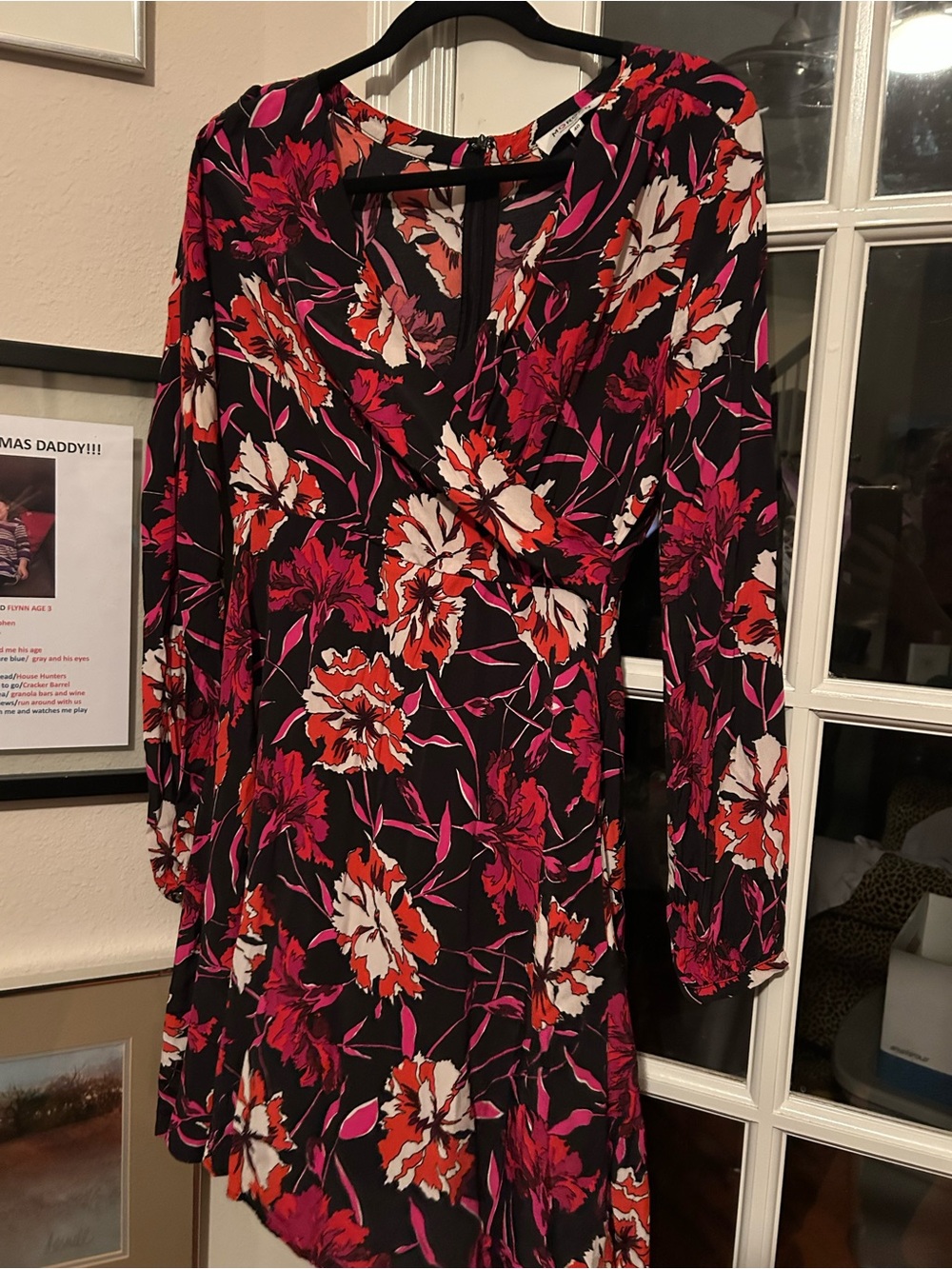 Floral V-Neck Long Sleeve Dress - Black with Pink & Red Floral